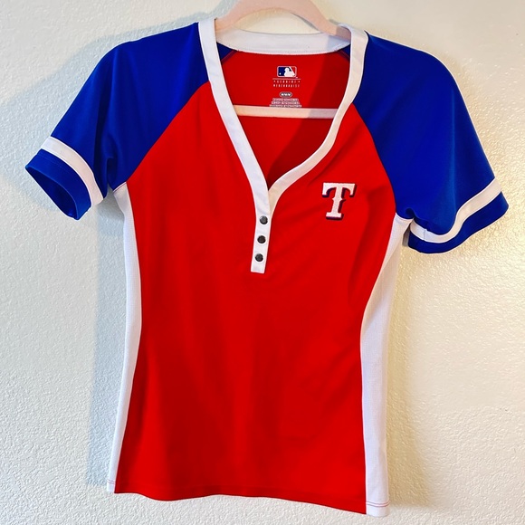Texas Rangers V-Neck Baseball Tee Jersey – Red/Blue SZ M - Picture 1 of 10